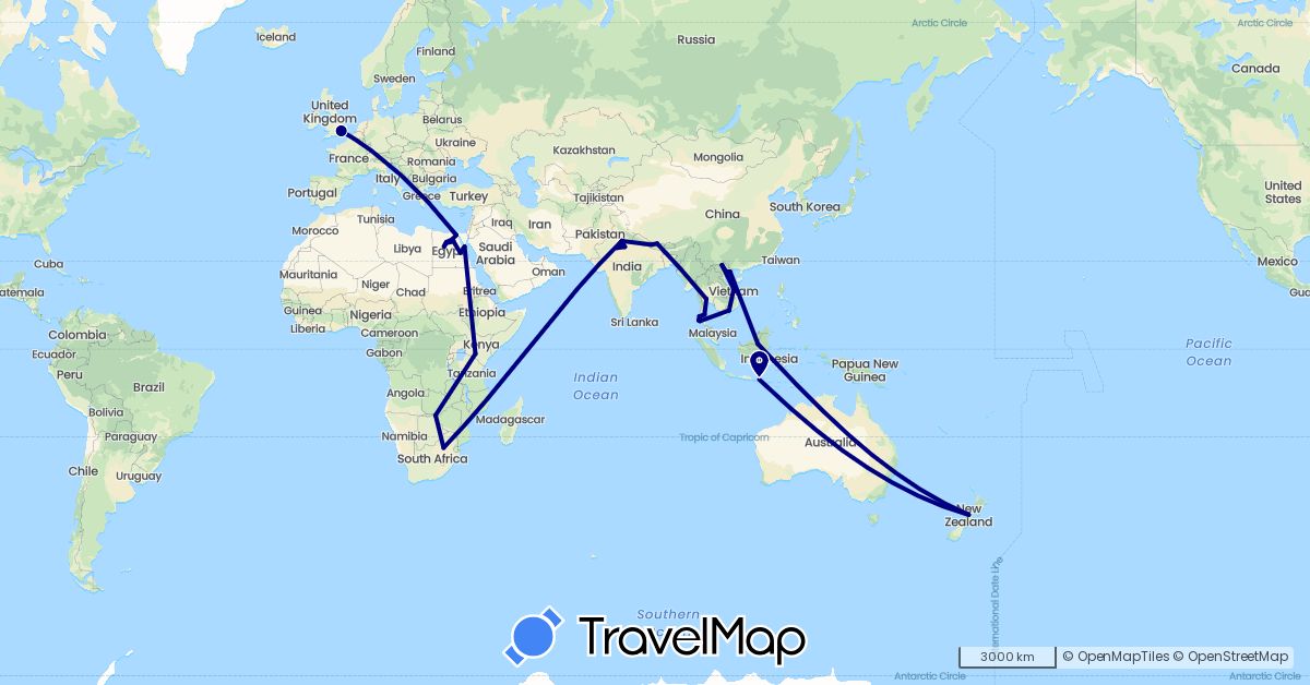 TravelMap itinerary: driving in Egypt, United Kingdom, Indonesia, India, Kenya, Nepal, New Zealand, Thailand, Vietnam, South Africa, Zimbabwe (Africa, Asia, Europe, Oceania)